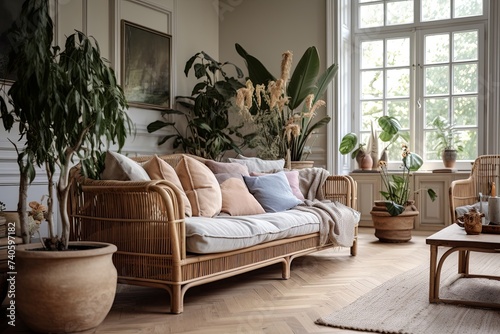 Bohemian French Country Sofa Decor with Rattan Lounge Touches