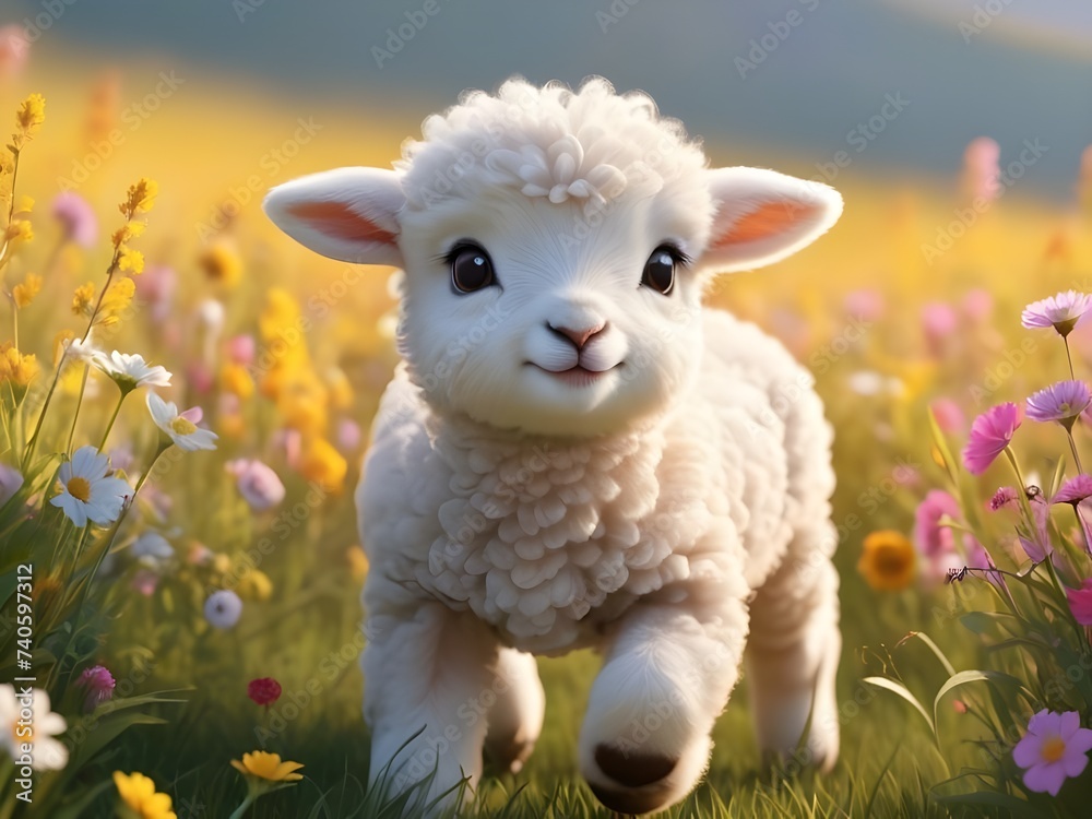 Fototapeta premium Playful Baby Lamb Running Through Wildflowers, Cute baby animal wallpaper, Beautiful baby sheep, Cute baby animals for kid's room wall art, wall decoration arts for kid's room