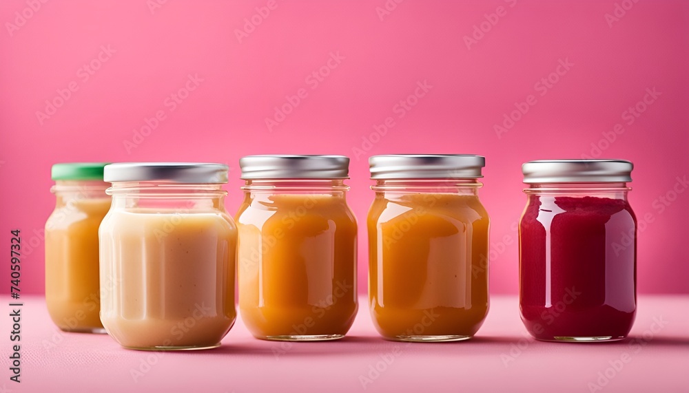 Glass jars of baby puree with spoons on pink background. Natural baby food concept.
Glass jars of baby puree with spoons on pink background. Natural baby food concept.