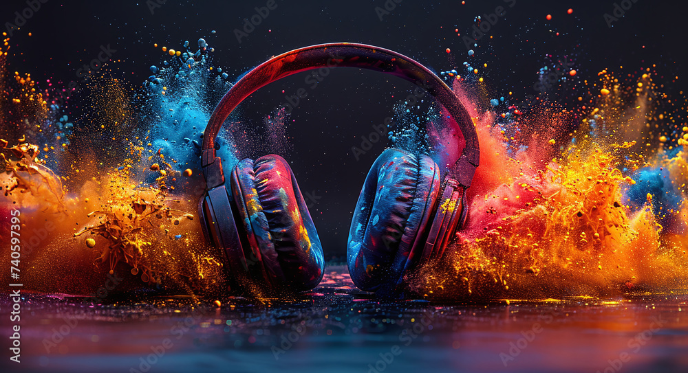 Headphones with colorful powder explosion on dark background, representing dynamic sound and music concept. - obrazy, fototapety, plakaty 
