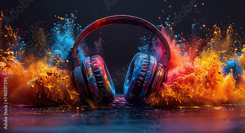 Headphones with colorful powder explosion on dark background, representing dynamic sound and music concept.