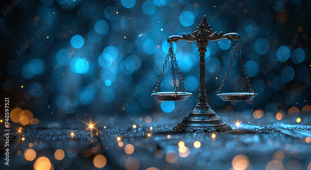 Scales of justice on a sparkling blue background, symbolizing law, balance, and fairness. - obrazy, fototapety, plakaty 