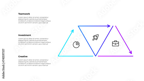 Vector outline triangles with 3 steps or options. Concept of timeline business development process (ID: 740597517)