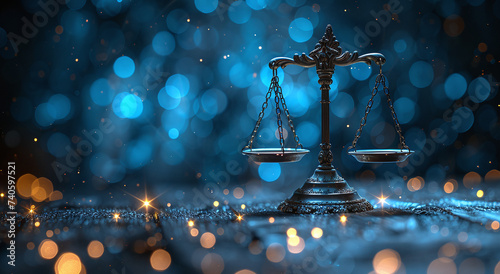 Scales of justice on a sparkling blue background, symbolizing law, balance, and fairness.