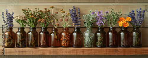 Vintage brown glass bottles with various dried flowers on wooden shelf, herbal decor concept.