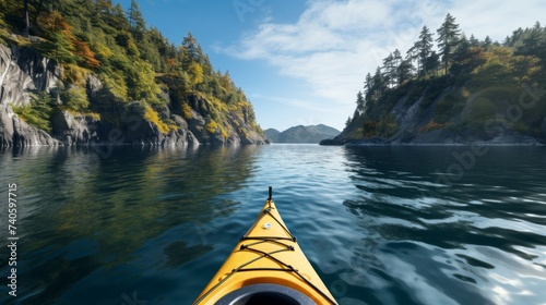 Man kayaking on a serene river with ample space for text or copywriting in the sky © Aliaksandra