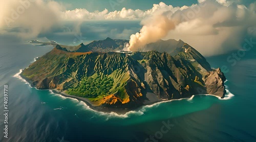 View an erupting volcano in a forested island, slow zoom from the sky  photo