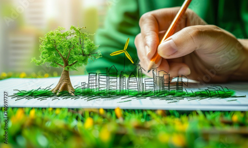 Person sketching a sustainable green city concept with eco friendly buildings and a tree on paper, representing urban planning and environmental conservation