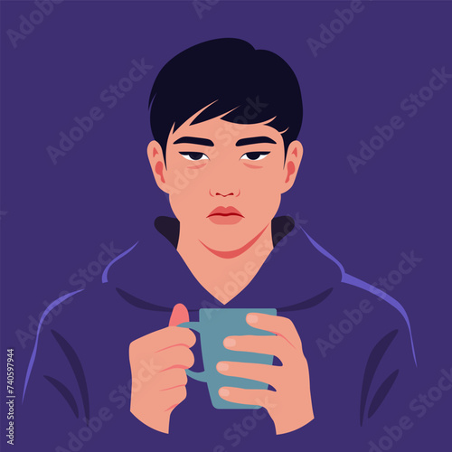 A sad and exhausted Asian student is holding a cup of coffee in his hands. An overworked freelancer. Vector flat illustration