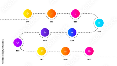 Timeline infographics template with 10 circles. Concept of business development process (ID: 740597956)