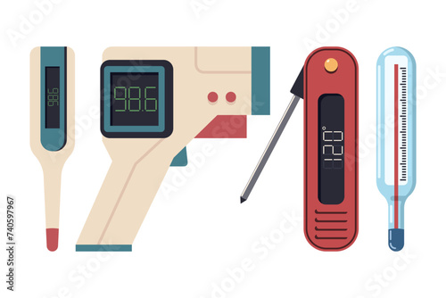 Thermometers types vector cartoon set isolated on a white background.