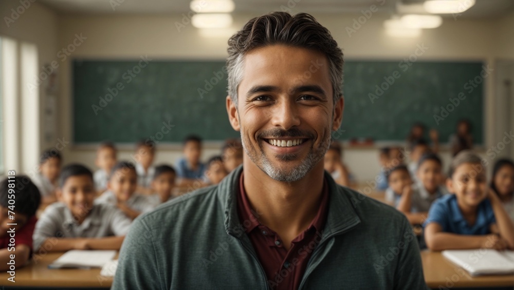 © Ankor_stock. - Portrait of smiling male teacher in a class at elementary school looking at camera with learning students on background