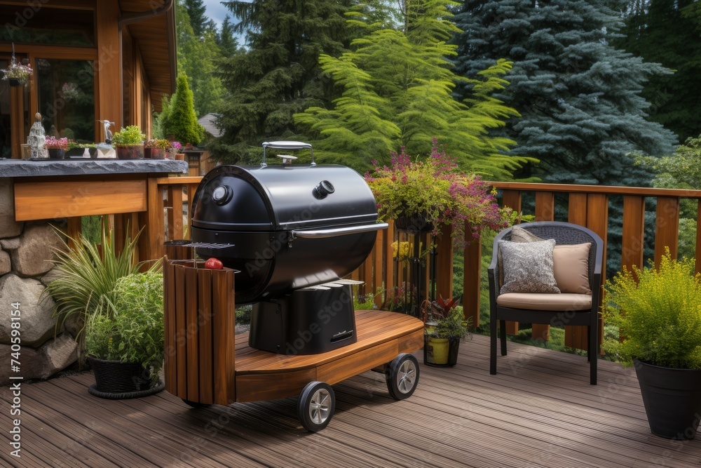 Rustic barbecue grill with wood fire in backyard near picket fence for outdoor cooking experience