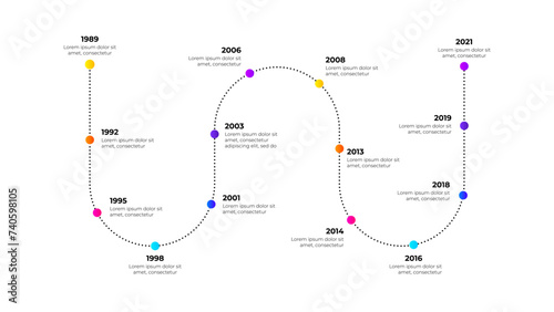 Zigzag timeline with 14 circle elements and year indication. Illustration for company's annual progress or development history visualization (ID: 740598105)
