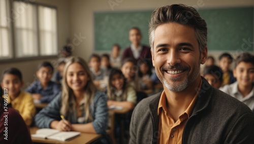 Portrait of smiling male teacher in a class at elementary school looking at camera with learning students on background