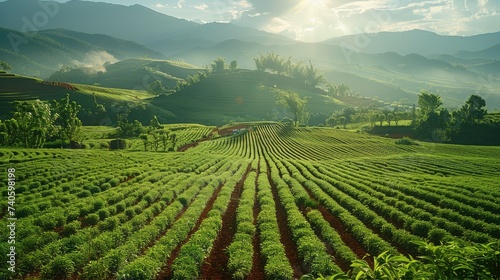 Beautiful fields of spices on hills. It is sunny. Generative AI. © visoot