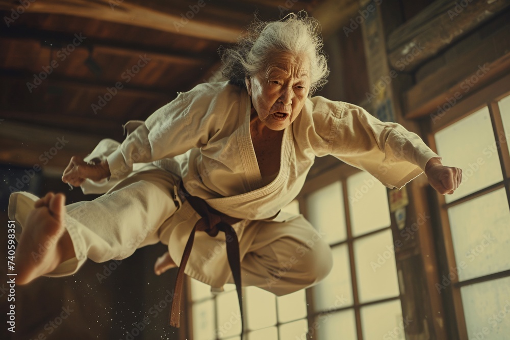 Portrait d'une vieille femme faisant du karaté dans un dojo » IA générative Portrait d'une vieille femme faisant du karaté dans un dojo » IA générative