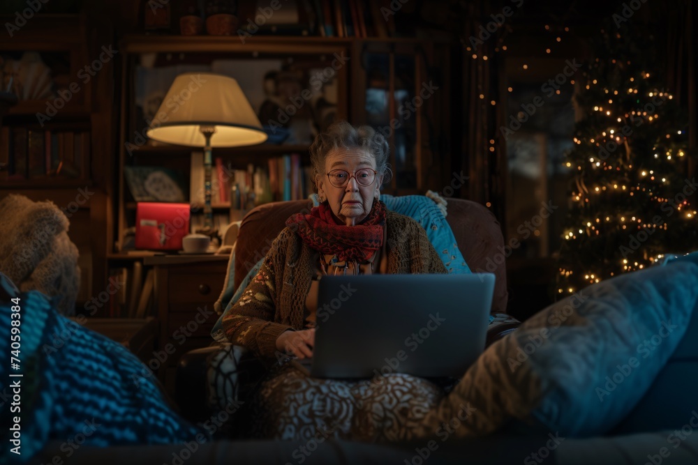 Vieille femme avec son ordinateur portable sur son sofa » IA générative