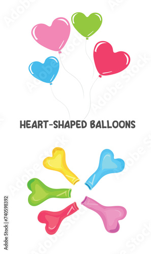 Flying heart shaped balloon bunch and uninflated balloons vector in cartoon style. Empty balloons and flying heart shaped balloons. Flat vector isolated on white background. photo