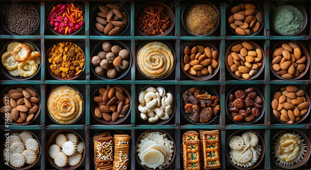 Assorted spices and legumes in a grid of round containers, top view.