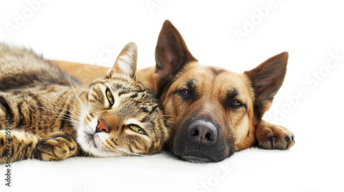 the dog and cat lie together. isolated on white background . Generative Ai © We3 Animal