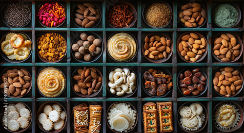 Assorted spices and legumes in a grid of round containers, top view. © Gayan