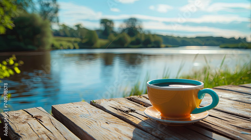 White cup of morning coffee on a pier by the river photo