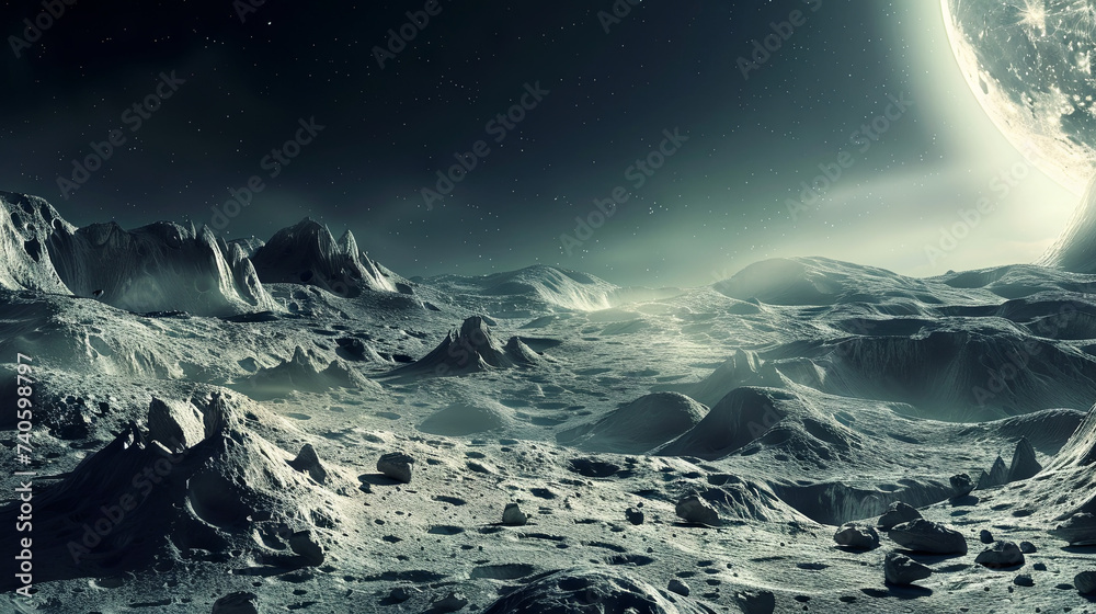 Dark surface of a  moon in space in zero gravity