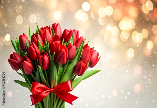 Fresh lush bouquet of red tulips with a red satin ribbon on blurred light background with bokeh  for poster, brochures, booklets, promotional materials, website