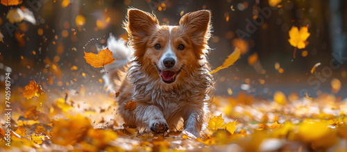 Happy corgi dog running through autumn leaves with a joyful expression  warm golden light illuminating the scene.