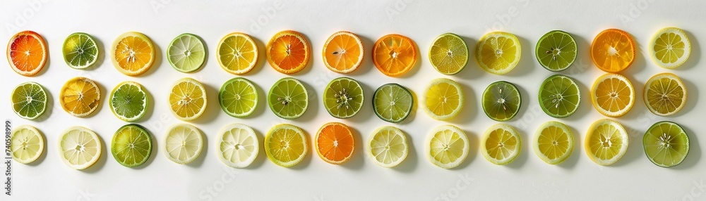 Sliced Citrus, variety of citrus fruits such as oranges lemons and limes on a white background, generative AI, background image