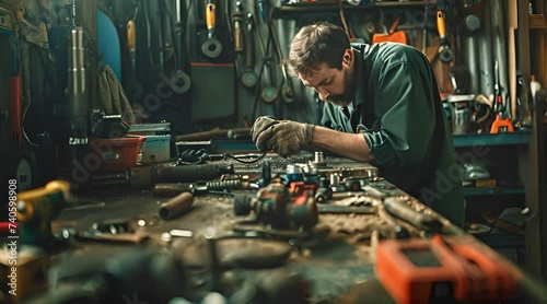 Mechanics working in the workshop with tools  photo