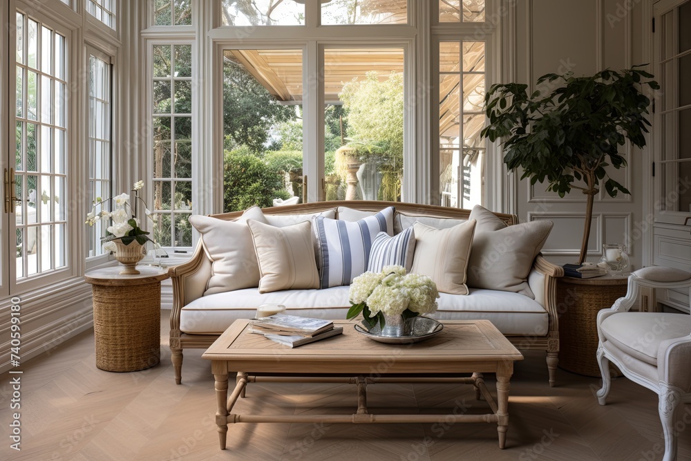 French Country Sofa Decor in Classic Home with Board Flooring