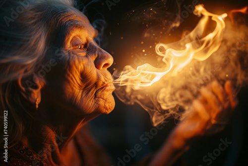 Portrait d'une vieille femme jouant avec le feu » IA générative