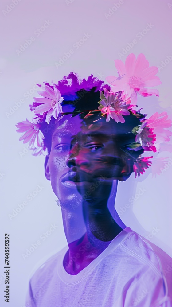 black man wearing a beautiful flower crown on a pastel pink background, men wellness and skin care, modern blur effect