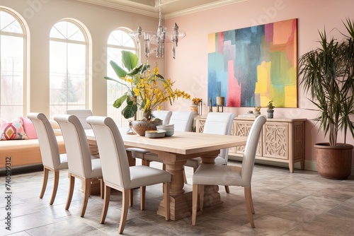 Exquisite Mediterranean Pastel Dining Room  Leather Seat Chairs Inspiration
