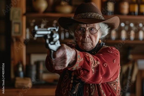 Portrait d'une vieille femme dans un saloon avec un revolver » IA générative