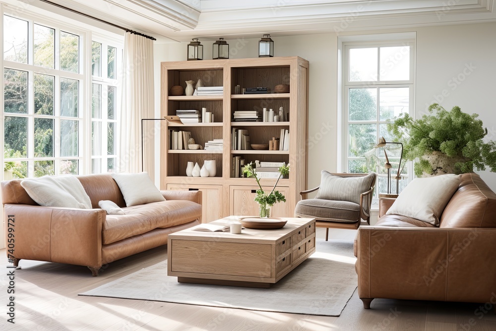 Obraz premium Coastal Style Living Room Interiors: Light-Filled Leather Seating and Drawer Units