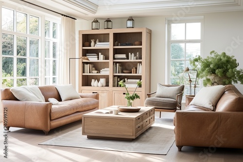 Coastal Style Living Room Interiors: Light-Filled Leather Seating and Drawer Units