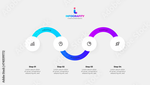 Four circles with zigzag line. Infographic timeline visualization data with 4 steps, options and parts (ID: 740599772)