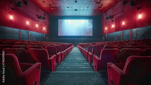 Inside movie theater, movie projection, movie screen, red seats. Generative AI.