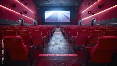 Inside movie theater, movie projection, movie screen, red seats. Generative AI.