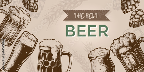 Horizontal poster Beer set with glass, beer hops, mug for brewery factory. Vintage vector engraving illustration. Banner for web, craft brewery, pub, happy hour, menu. linear graphic