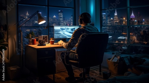 Rear View Of A Male Graphic Designer Working Late At The Office. A young guy with headphones is playing at the computer, watching a movie in the dark. © liliyabatyrova