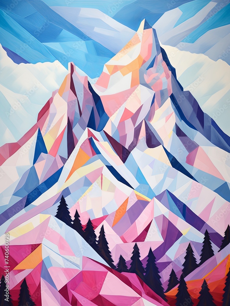 Contemporary Cubism Winter Wonderland: Snow-capped Mountain Geometric Peaks Print