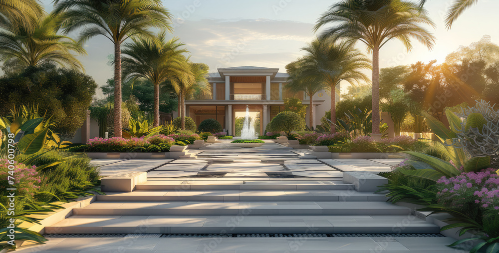 Front garden of luxury villa. Generative AI.