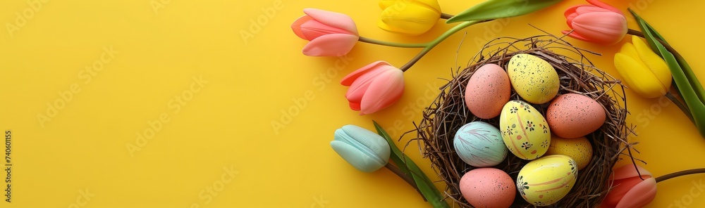 Colorful easter eggs next to tulips and a nest on a bright yellow ...