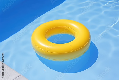 Summer Bliss: Vibrant Yellow Inflatable Ring Floating in Azure Pool - Generative AI