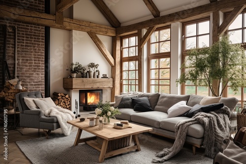 Country Style Scandinavian Living Room: Cozy Cushions & Chic Decor with Wooden Beams