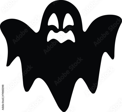 Ghost icon flat. Halloween concept, Cartoon Ghost, black ghost with eyes, spooky character, ghoul or spirit monsters silhouette with spooky faces. Horror holiday flying phantoms or nightmare